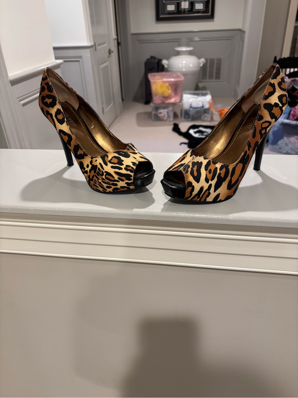Nine West Leopard Print Peep-Toe Heels in Tan and Black